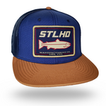 STLHD blue trucker cap with front patch and tan brim