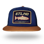 STLHD blue mesh trucker cap with tan brim and front STLHD badge