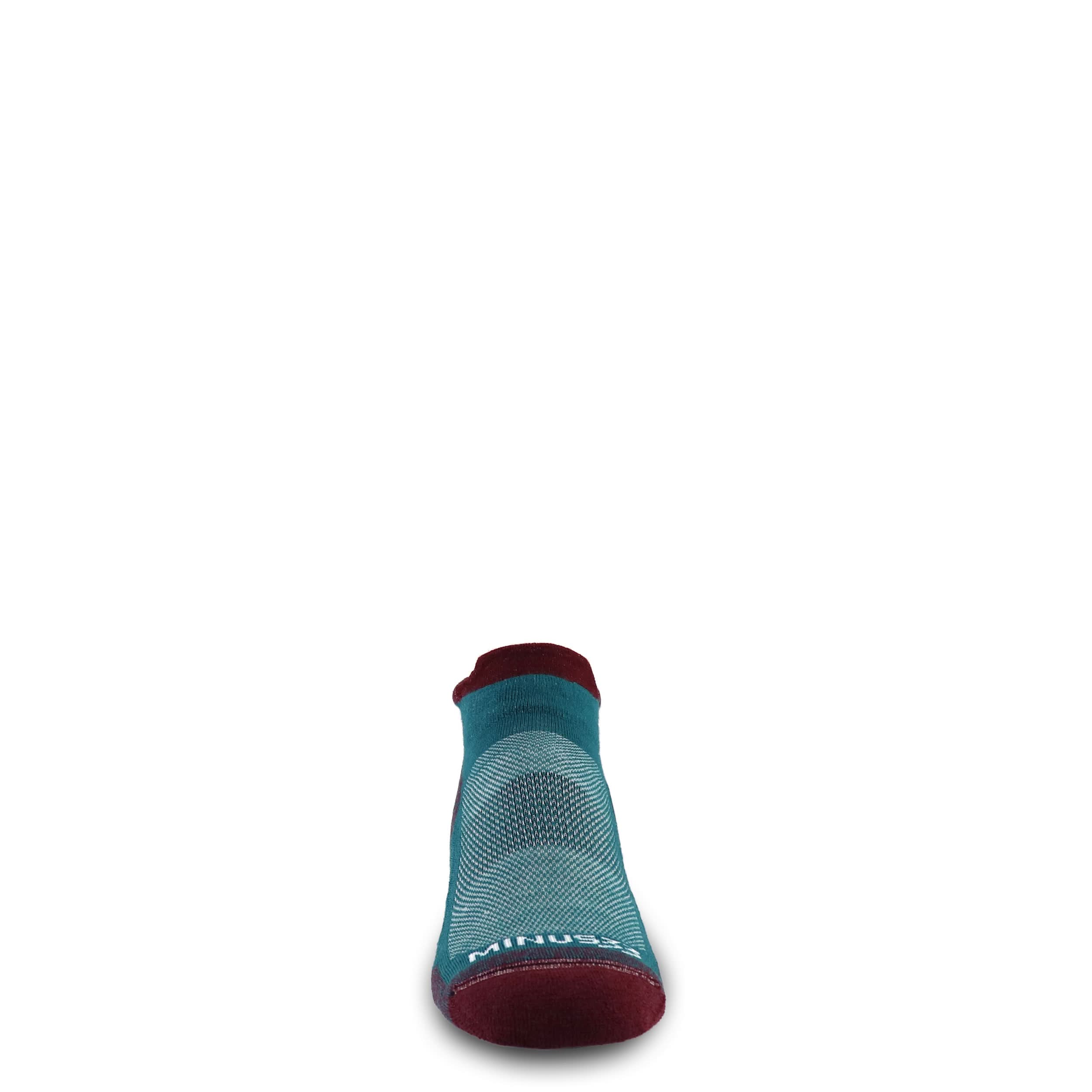 Merino wool no-show trail running socks, teal with burgundy heel detail