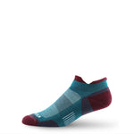 Merino wool no-show trail running socks, teal with burgundy toe and heel