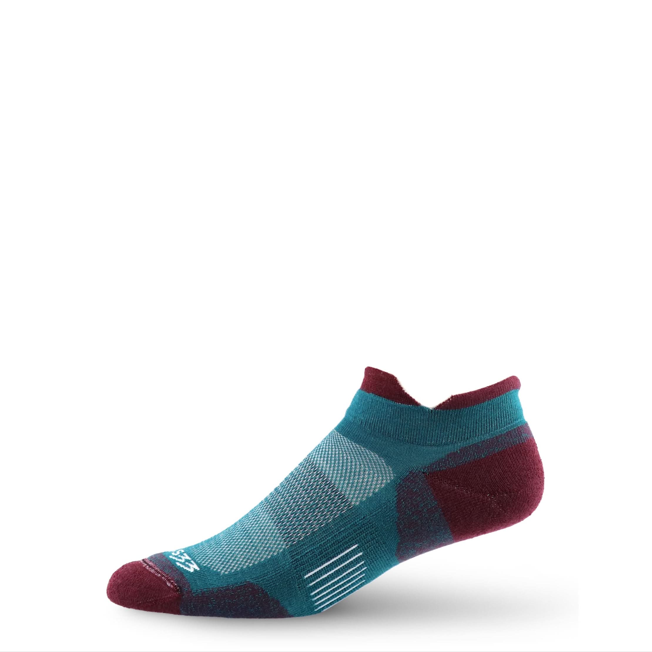 Merino wool no-show trail running socks, teal with burgundy toe and heel