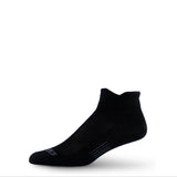 Merino wool no-show running sock, black knit with textured arch stripe