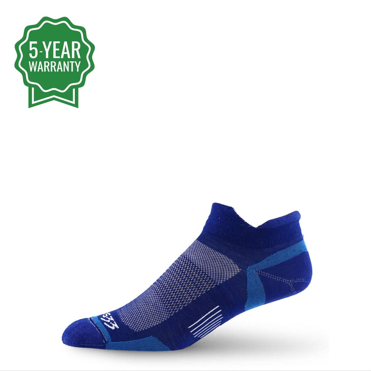 Merino wool no-show running sock, blue with cushioned grid panel and stripe heel