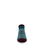 Merino wool no-show running sock, teal knit with burgundy heel and logo detail