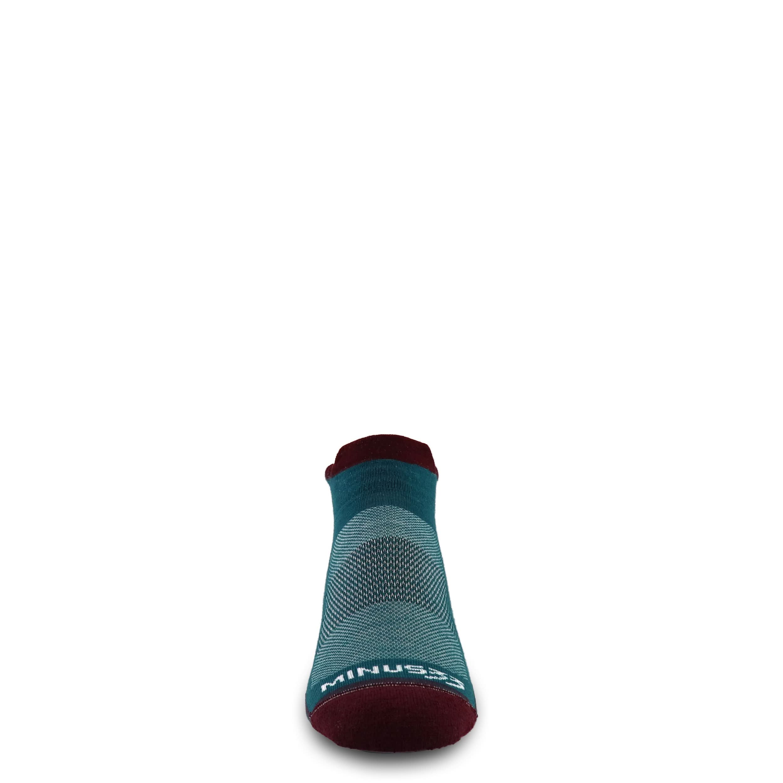 Merino wool no-show running sock, teal knit with burgundy heel and logo detail