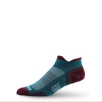 Merino wool no-show running sock, teal with burgundy toe and heel panels