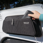 Mercedes Sprinter rear door storage panel, dark gray fabric organizer with zipper access