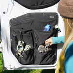 Black rear door storage organizer with zip pockets and bottle-sized holders