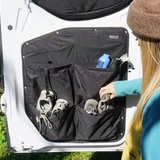 Black rear door storage organizer with zip pockets and bottle-sized holders