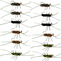 Assorted wet flies: brown, black, and green fuzzy nymphs with long rubber legs
