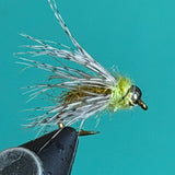 Caddis fly fishing lure with silvery wings and bright green body on hook