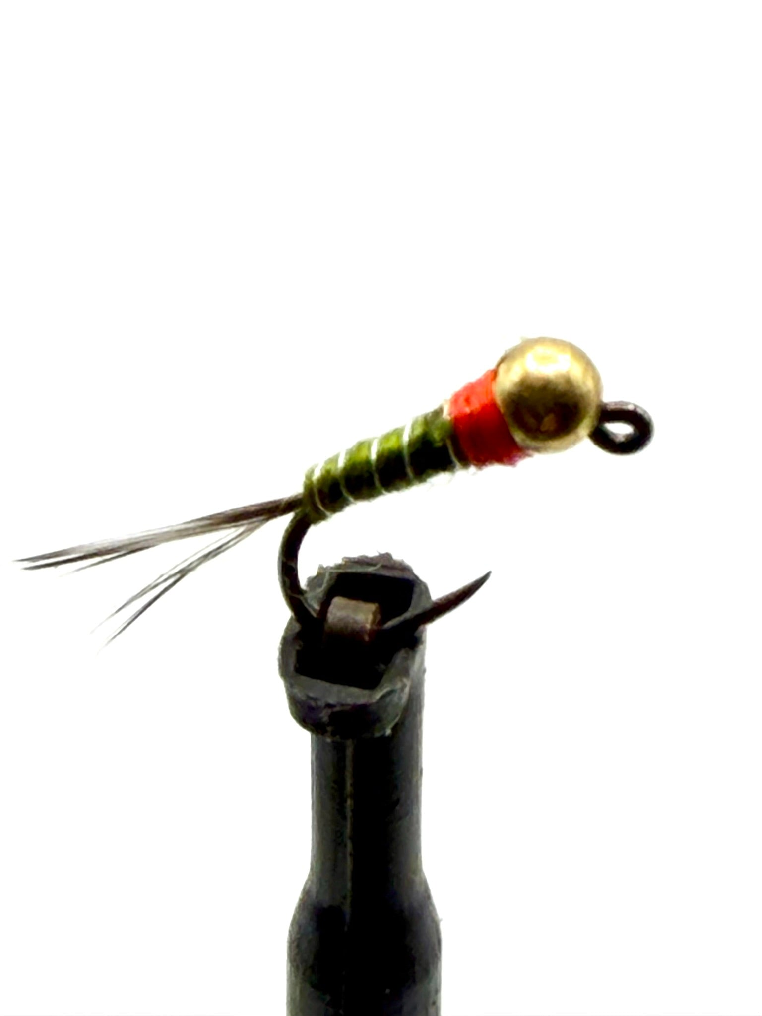 Bead-head fishing fly with gold bead, green/red striped body, black hook, trailing fibers