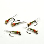 Set of bead-head fishing flies with gold beads, green/red striped bodies, barbed hooks