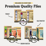 Fly assortment display showing warm water and saltwater boxes with fish icons