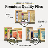 Fly assortment display showing warm water and saltwater boxes with fish icons