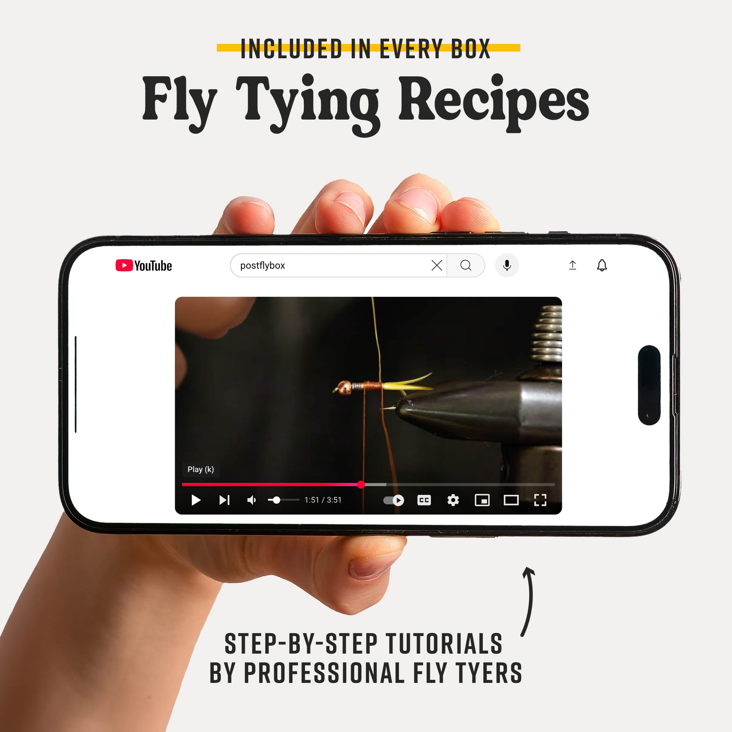 Fly tying kit tutorial video on a smartphone held by hands with step-by-step text.