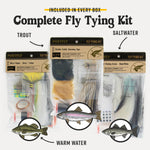 Complete fly tying kit contents with sealed bags for trout, warm water, and saltwater.