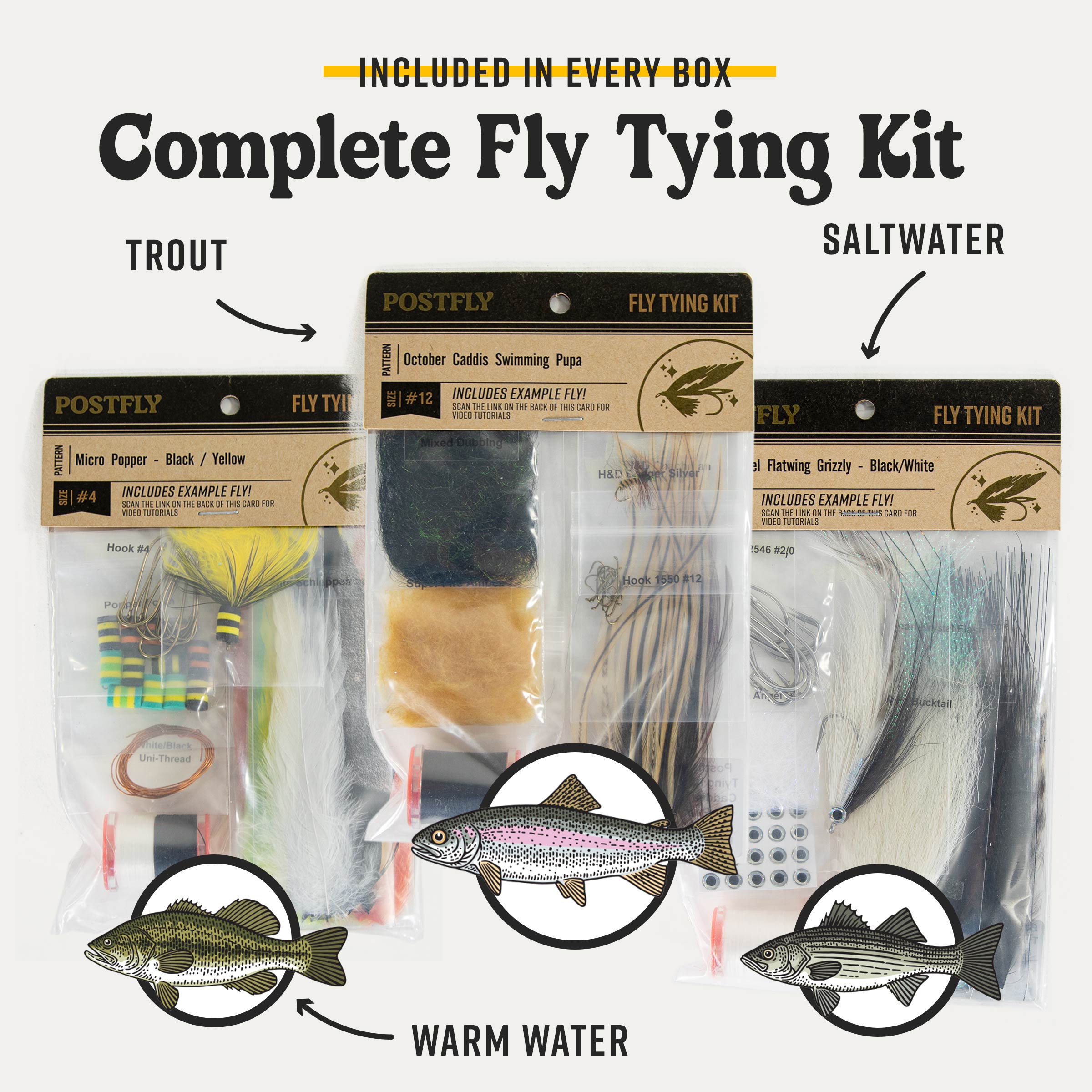 Complete fly tying kit contents with sealed bags for trout, warm water, and saltwater.