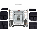 Ram ProMaster rear doors with black storage panels mounted