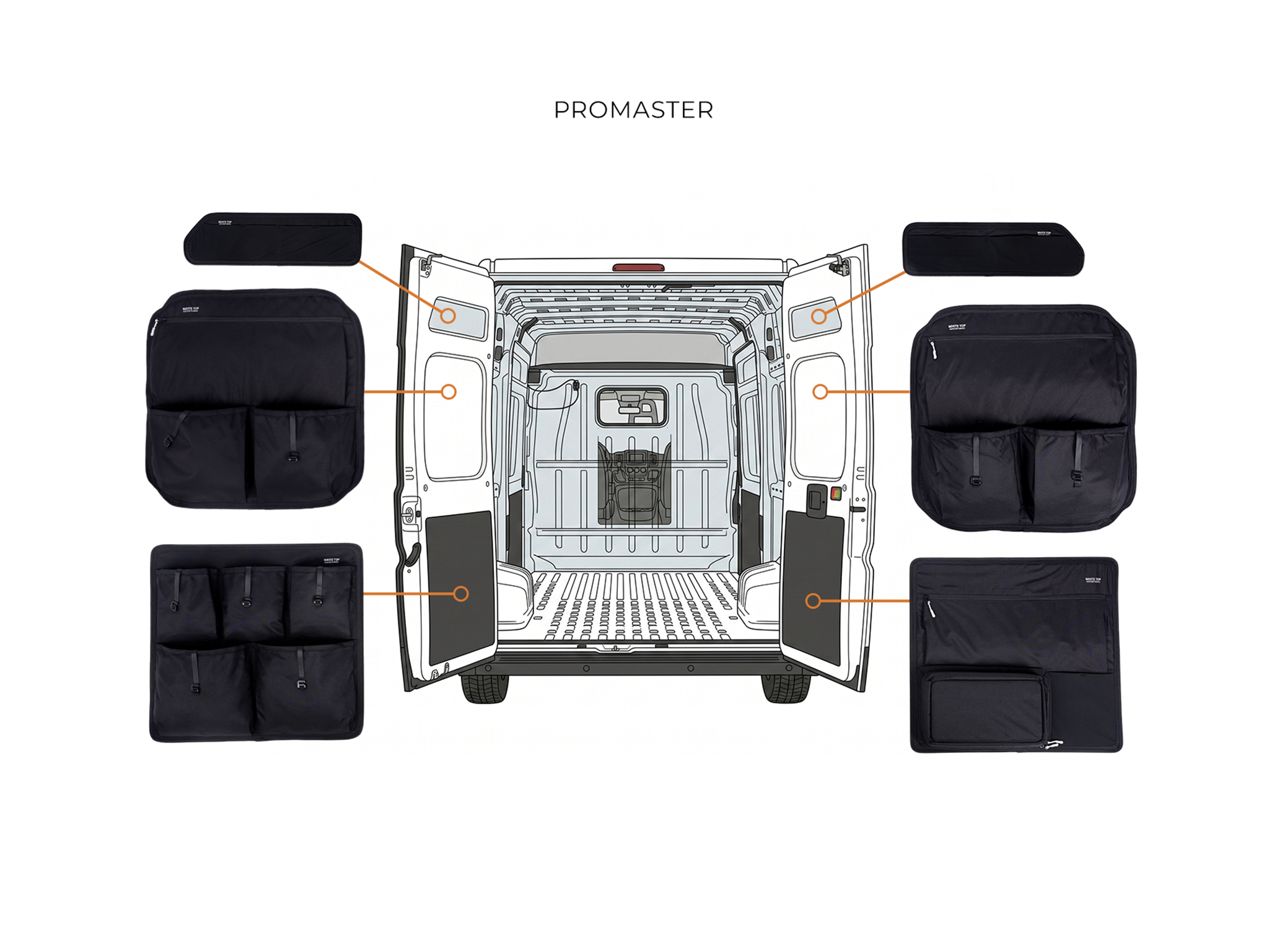 Ram ProMaster rear doors with black storage panels mounted
