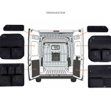 Ram ProMaster rear doors with black storage panels mounted