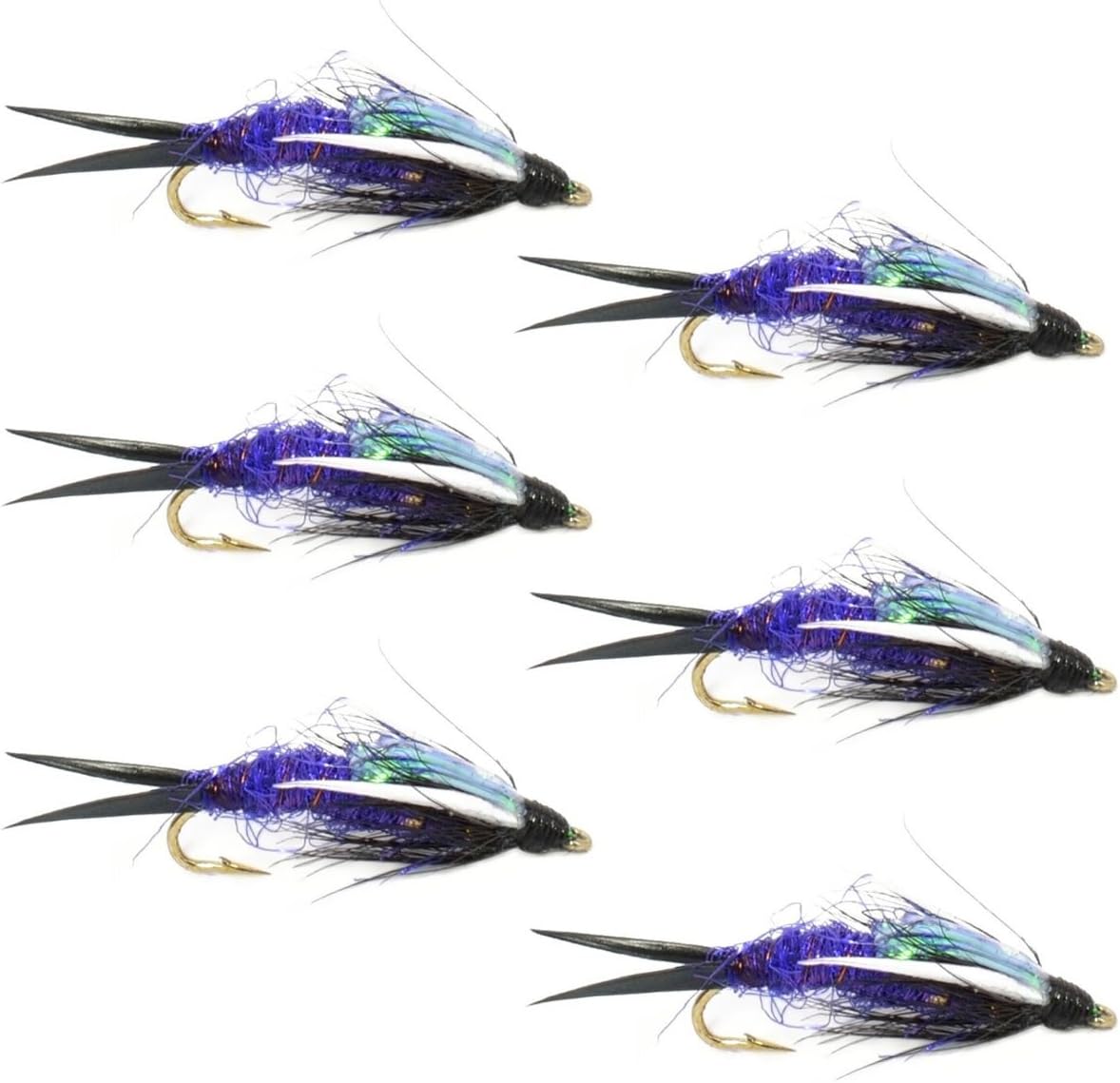 Set of six purple-blue bead feather fishing flies with gold hooks