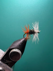 Black fly fishing lure with orange and silver hackle