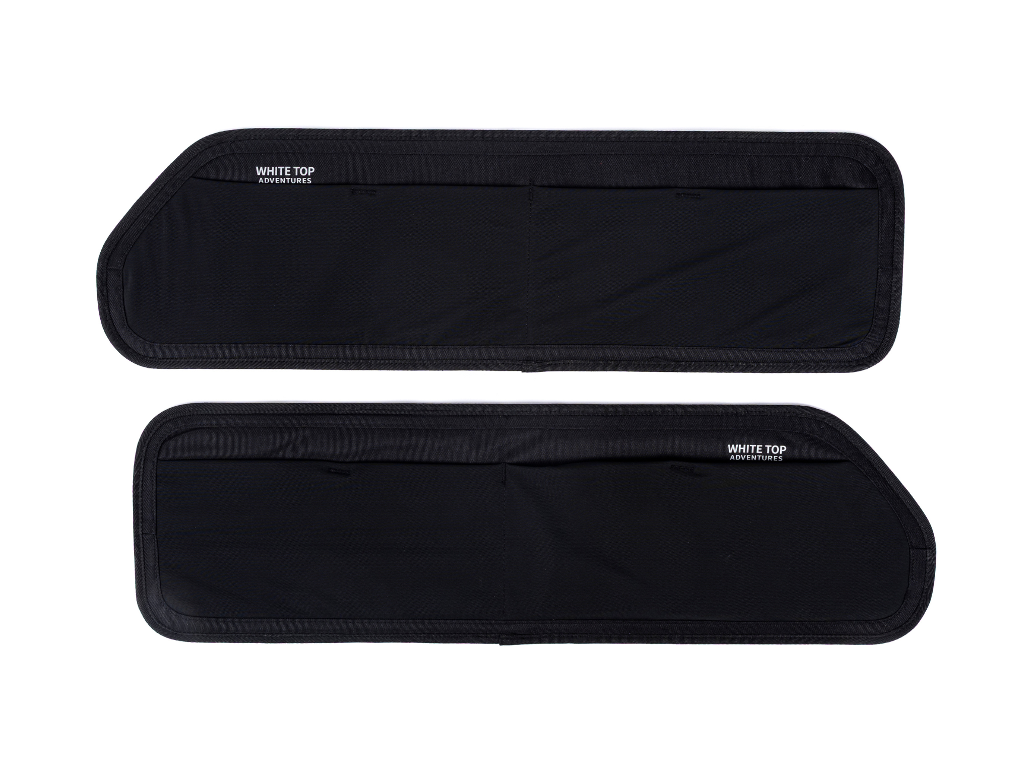 Black upper rear door storage panels, pair, with WHITE TOP label
