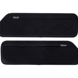Black upper rear door storage panels, pair, with WHITE TOP label