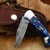 Damascus Handmade Custom Folding Pocket Knife with Epoxy Resin and Steel Bolster Handle, 3-inch Blade Length