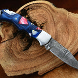 Damascus Handmade Custom Folding Pocket Knife with Epoxy Resin and Steel Bolster Handle, 3-inch Blade Length