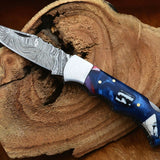 Damascus Handmade Custom Folding Pocket Knife with Epoxy Resin and Steel Bolster Handle, 3-inch Blade Length