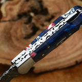 Damascus Handmade Custom Folding Pocket Knife with Epoxy Resin and Steel Bolster Handle, 3-inch Blade Length