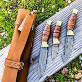 Wilderness Trio: 3-Piece Hunting Knives Set with Damascus Steel Blades, Stacked Leather Handles, Brass Guards, and Leather Roll