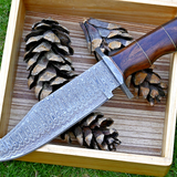 Wilderness Guardian: Hunting Bowie Knife with Damascus Steel Blade, Rosewood Handle, Brass Spacers, Damascus Guard, and Leather Sheath