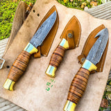 Wilderness Trio: 3-Piece Hunting Knives Set with Damascus Steel Blades, Stacked Leather Handles, Brass Guards, and Leather Roll