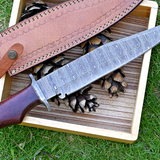 Wilderness Master: Hunting Bowie Knife with Damascus Steel Blade, Rosewood Handle, Damascus Guard, and Leather Sheath