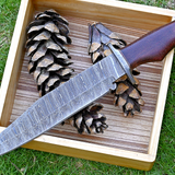 Wilderness Master: Hunting Bowie Knife with Damascus Steel Blade, Rosewood Handle, Damascus Guard, and Leather Sheath