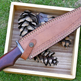 Wilderness Master: Hunting Bowie Knife with Damascus Steel Blade, Rosewood Handle, Damascus Guard, and Leather Sheath