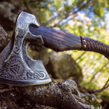 Native American Tomahawk with Custom Handmade Forged Engraved 1095 Steel Blade and Rosewood Handle – Warrior’s Edge