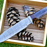 Wilderness Explorer: Hunting Bowie Knife with Damascus Steel Blade, Colored Bone and Rosewood Handle, Damascus Guard, and Leather Sheath
