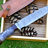 Wilderness Explorer: Hunting Bowie Knife with Damascus Steel Blade, Colored Bone and Rosewood Handle, Damascus Guard, and Leather Sheath