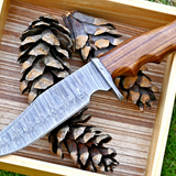 Wilderness Guardian: Hunting Knife with Damascus Steel Blade, Rosewood Handle, Damascus Guard, and Leather Sheath