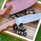Wilderness Guardian: Hunting Knife with Damascus Steel Blade, Rosewood Handle, Damascus Guard, and Leather Sheath