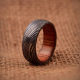 Timeless Bond Damascus Steel Anniversary Ring with Wooden Inlay by KBS Knives Store