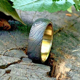 Custom Damascus Steel Anniversary Ring with Brass Inlay