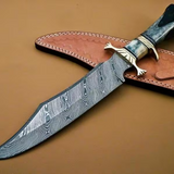 Wilderness Guardian: Bowie Knife with Twist Damascus Steel Blade, Bone Handle, Brass Guards, and Leather Sheath