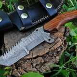 Custom Handmade Damascus Tanto Tracker Knife with Rosewood Handle - 10 inches Overall Length, Serrated Top Blade