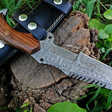 Custom Handmade Damascus Tanto Tracker Knife with Rosewood Handle - 10 inches Overall Length, Serrated Top Blade