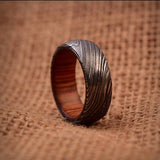 Timeless Bond Damascus Steel Anniversary Ring with Wooden Inlay by KBS Knives Store